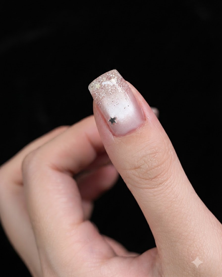 Zbliżenie paznokcia przedstawiające gradient ze srebrnego brokatu rozcierany w dół od końcówki nad bazą cat-eye.