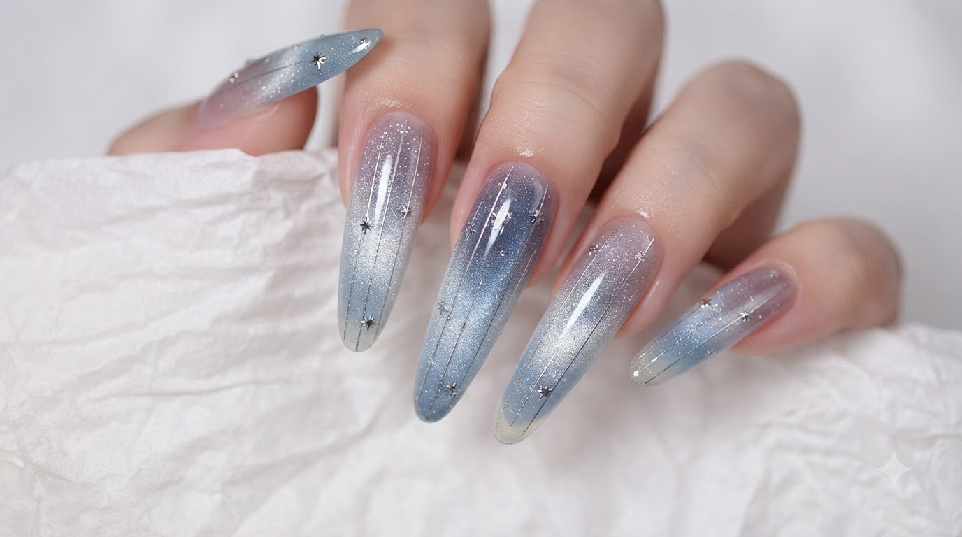 Letnie paznokcie Starry Cat Eye — niebieski gradient i stylizacja z motywem gwiazd