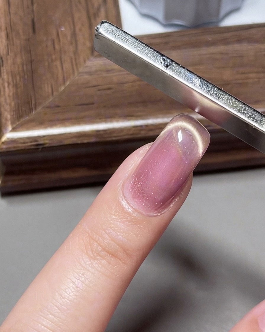 Szeroki magnes kształtujący odbicie linii uśmiechu w stylu french na paznokciu z żelem cat-eye.