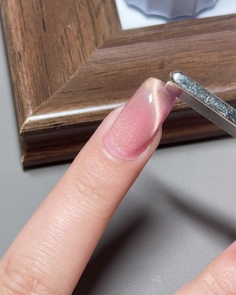 Szerokie narzędzie magnetyczne trzymane pionowo w pobliżu różowego paznokcia cat-eye, tworzące jasną linię środkową.