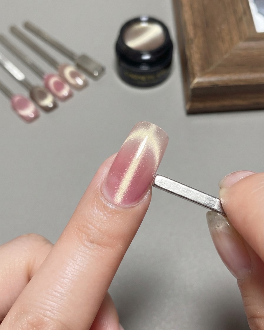 Szeroki magnes trzymany płasko i pionowo przy boku paznokcia prezentujący efekt świetlnej fali cat-eye.