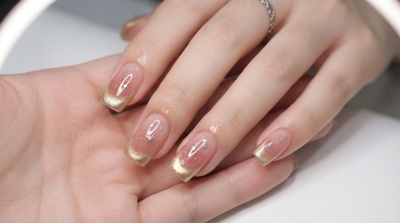 Różowy gradient i złote cat-eye w stylu francuskim — krok po kroku