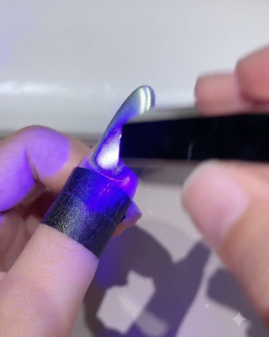 Ein Fingernagel unter einer UV-LED-Lampe beim Aushärten des gestalteten Cat-Eye-Gels.