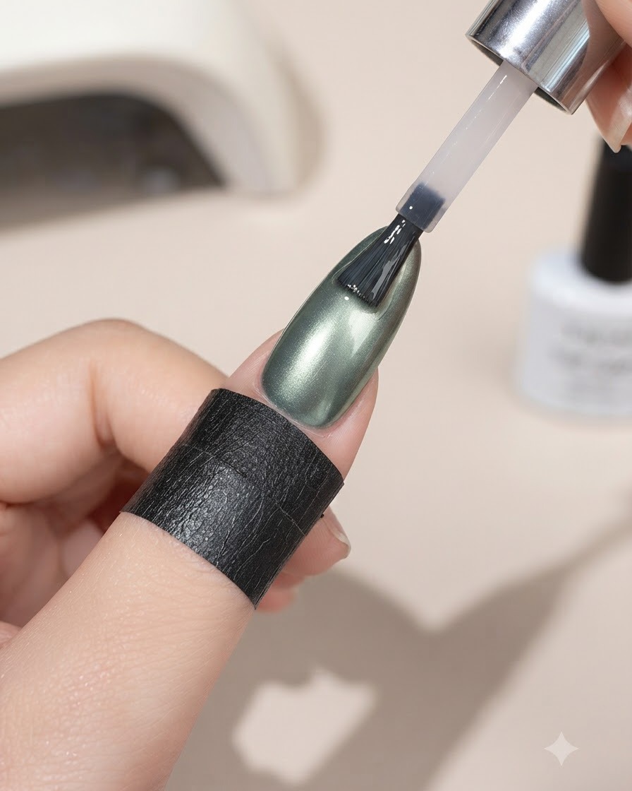 Ein Pinsel trägt den Style Valley Puder-Puffer-Topcoat über einem grünen Cat-Eye-Nagel auf.