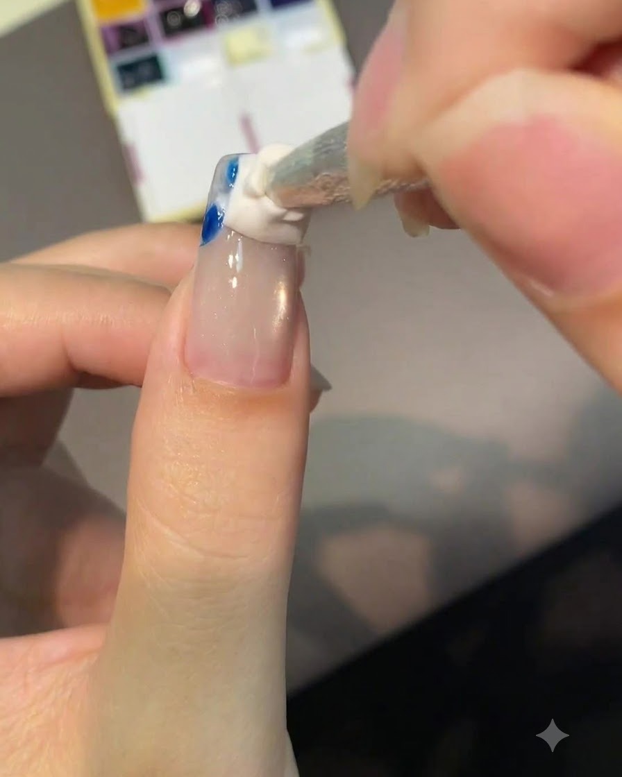 Aplikator gąbkowy delikatnie wklepujący biały i niebieski pigment na końcówkę paznokcia w kształcie migdałka.