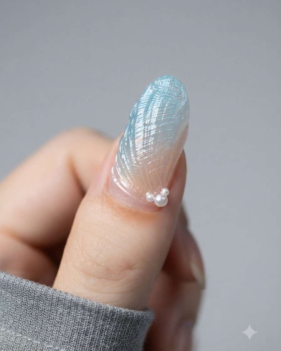 Pędzelek nakładający uszczelniający top coat na teksturowany paznokieć z wykończeniem chromowym i perłowymi akcentami.
