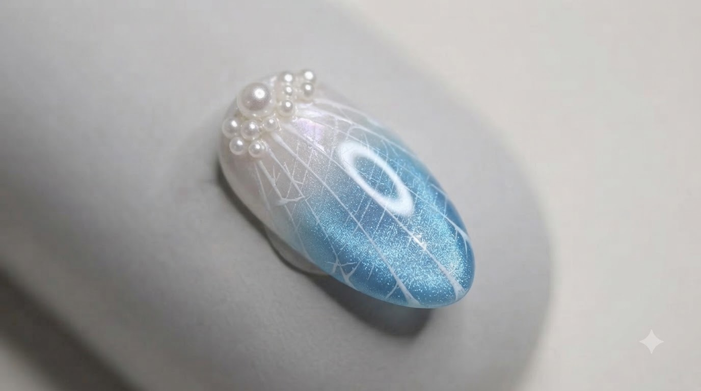 Niebieskie paznokcie w stylu oceanicznej muszli z efektem Cat Eye — Poradnik krok po kroku
