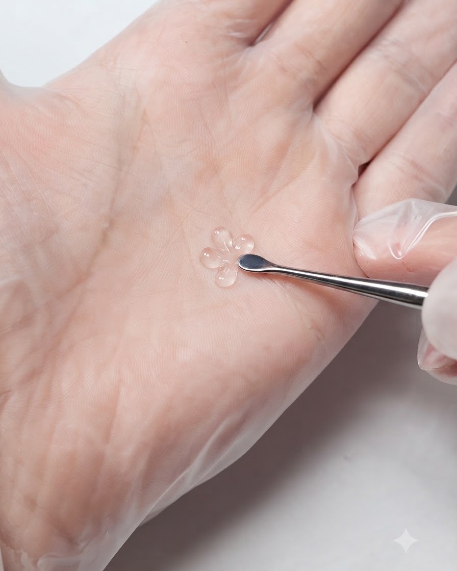 Metalowe kopytko do skórki podnoszące małą kuleczkę stałego białego żelu do rzeźbienia 3D.