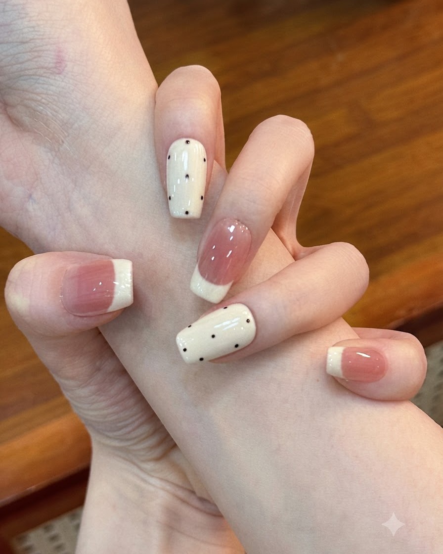 Nahaufnahme einer Hand, die einen hellen Beige Gel-Basecoat gleichmässig auf der Nagelplatte aufträgt.