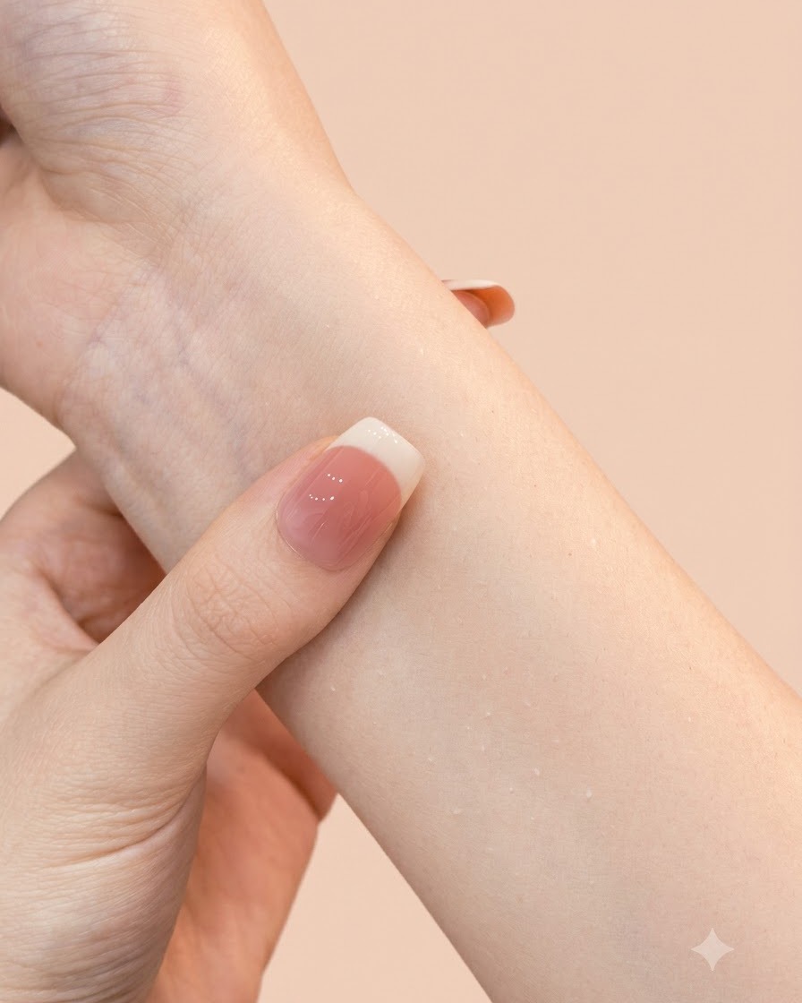 Ein feiner Nail Art Pinsel zieht eine präzise weiße French Tip Linie auf die Spitze eines eckigen Nagels.