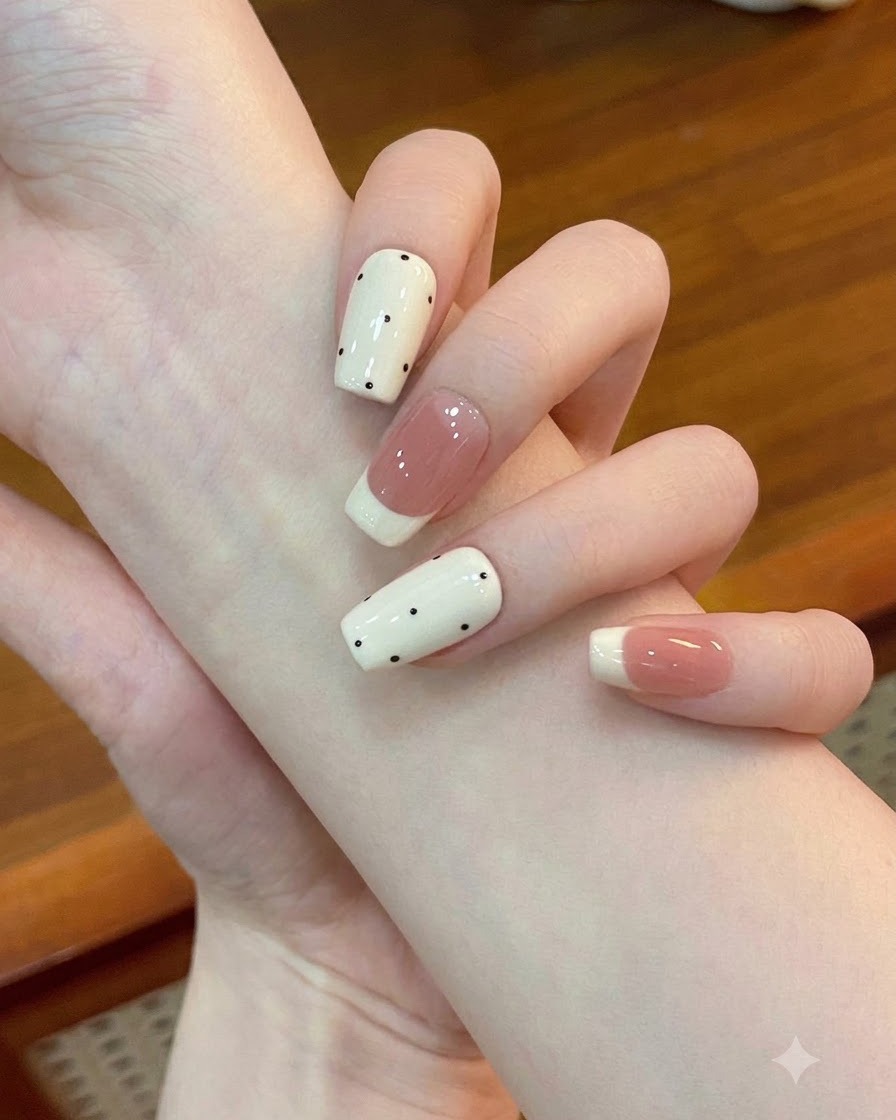 Nahaufnahme eines feinen Pinsels beim Ausfüllen einer weißen Nagelspitze für eine saubere Smile-Line.