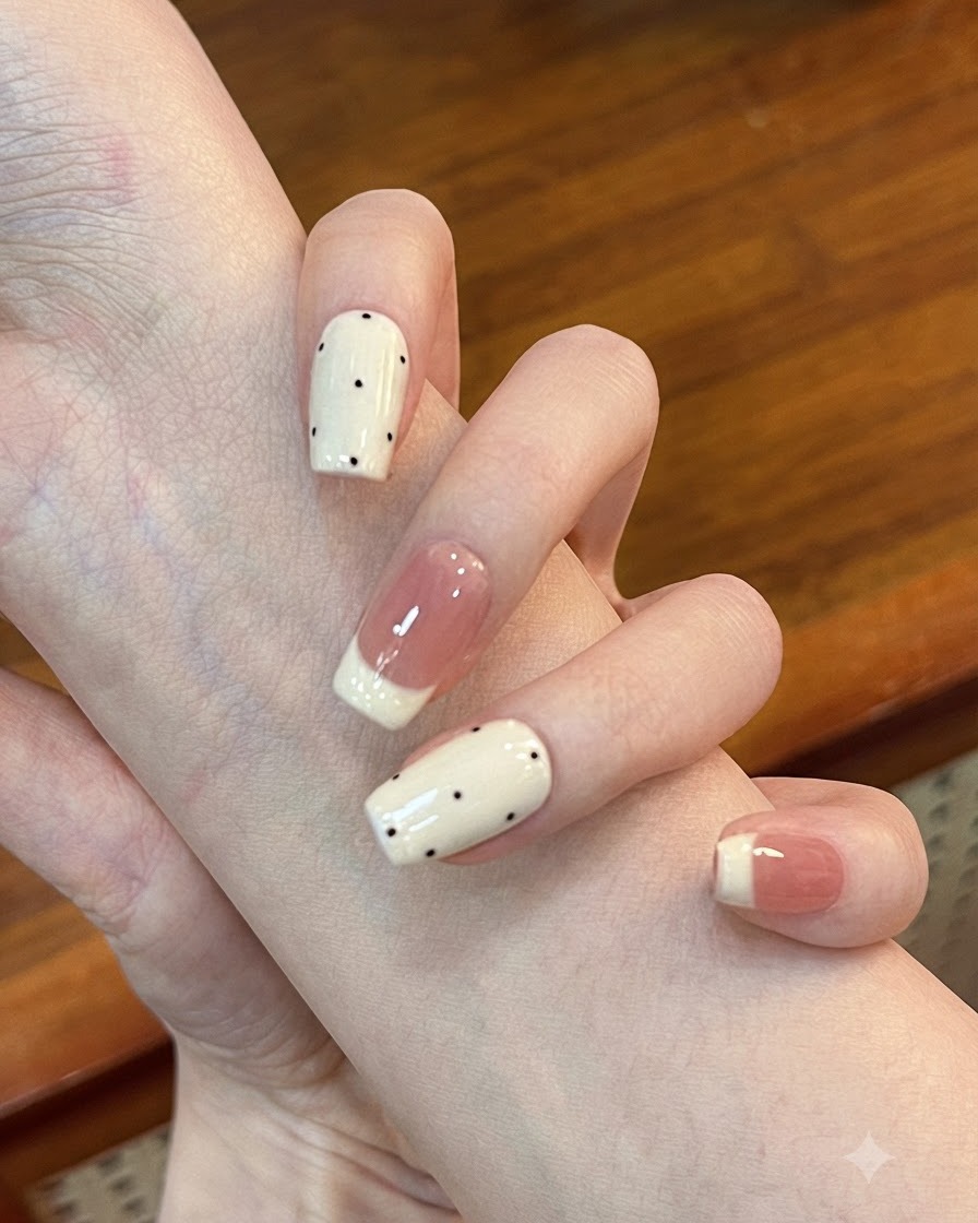 Nahaufnahme einer Hand, die mit einem Dotting-Tool schwarze Pünktchen auf einem hellen Gel-Nagel aufträgt.