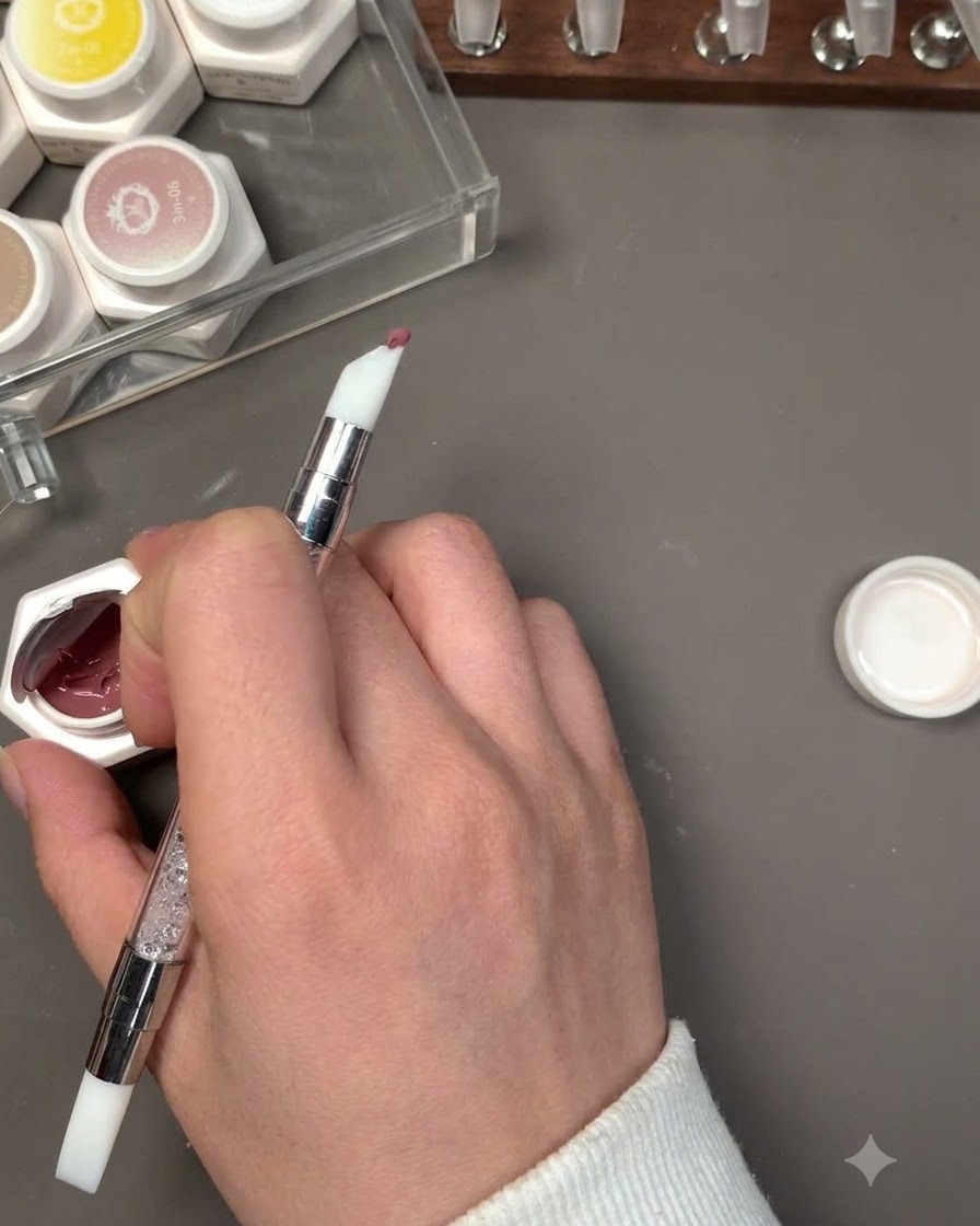 Aplikator gąbkowy trzymający dwa kolory, ustawiony do wklepywania po skosie na powierzchni paznokcia.