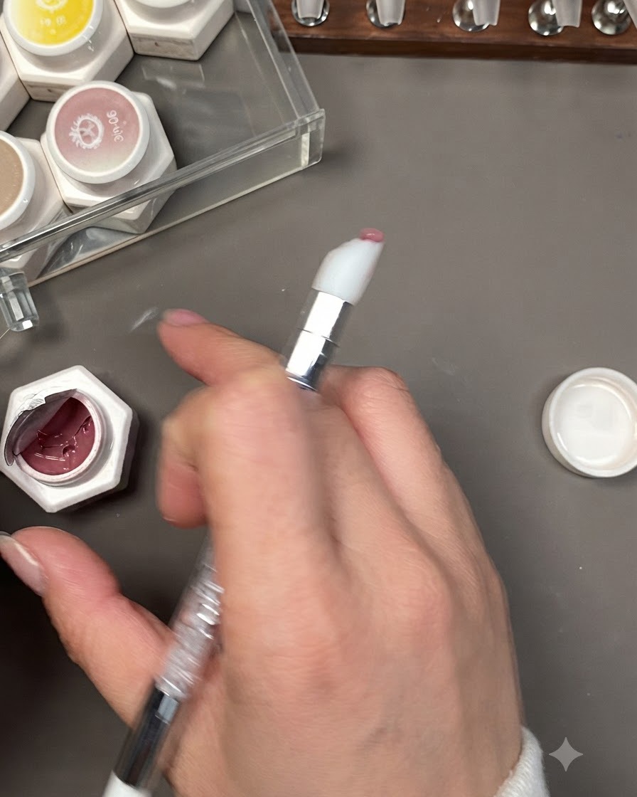 Pędzelek do paznokci nakładający przezroczysty błyszczący top coat na utwardzoną powierzchnię gradientu.