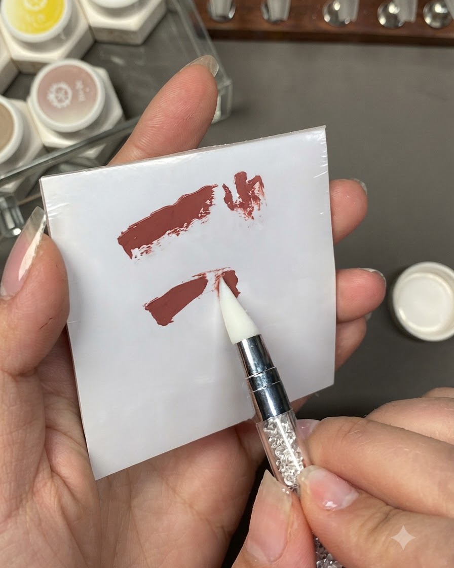 Płaski pędzelek oczyszczający zakrzywioną linię brzegową manicure francuskiego na paznokciu.