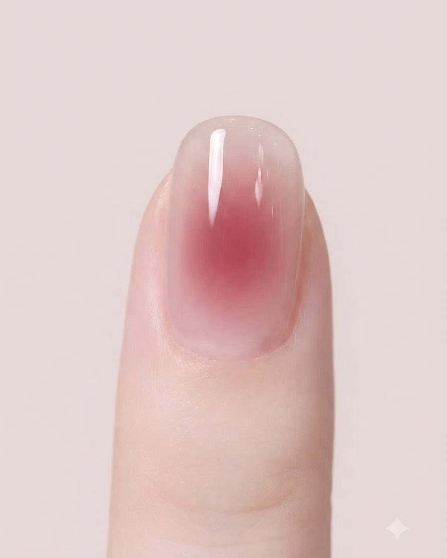 Eine Nahaufnahme eines Fingernagels mit einer gleichmäßig aufgetragenen, glatten und glänzenden Nude-Basisfarbe aus Gel.