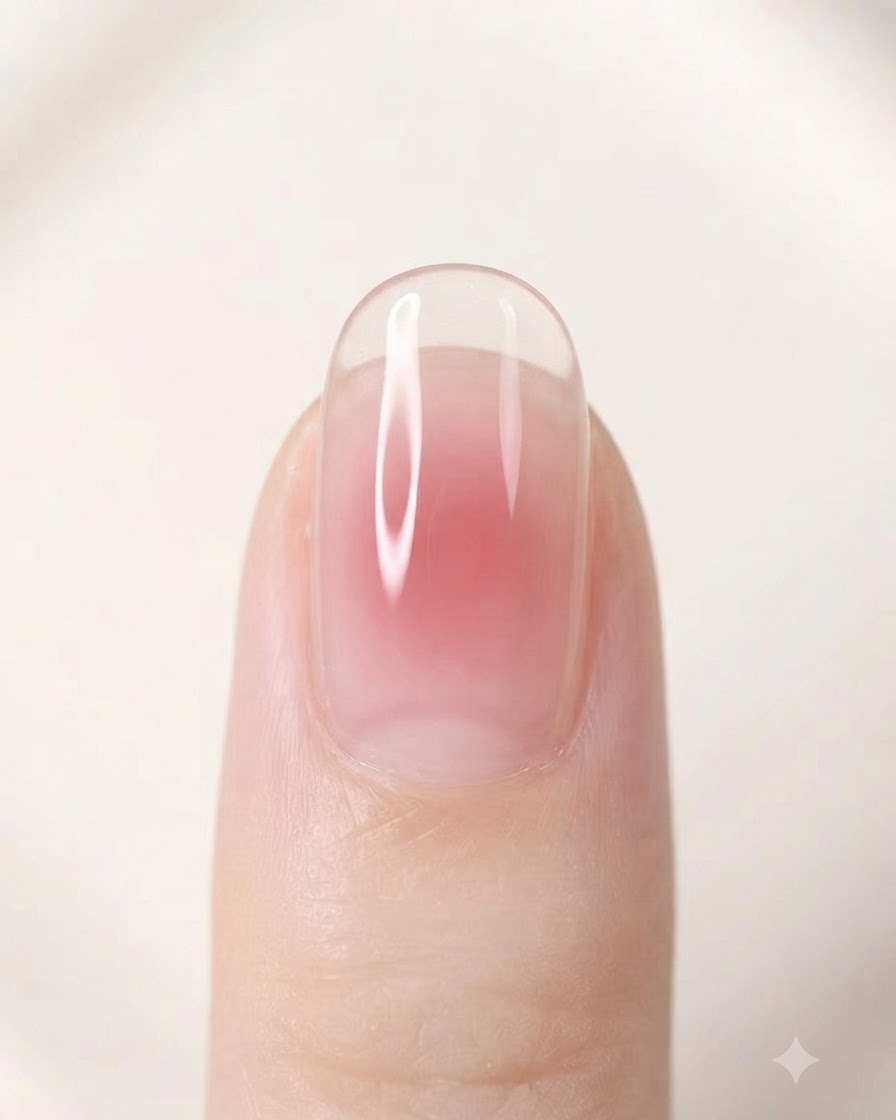 Ein Tropfen rosa Blush-Pigment, der präzise auf die Mitte der Nagelplatte aufgetupft wurde.