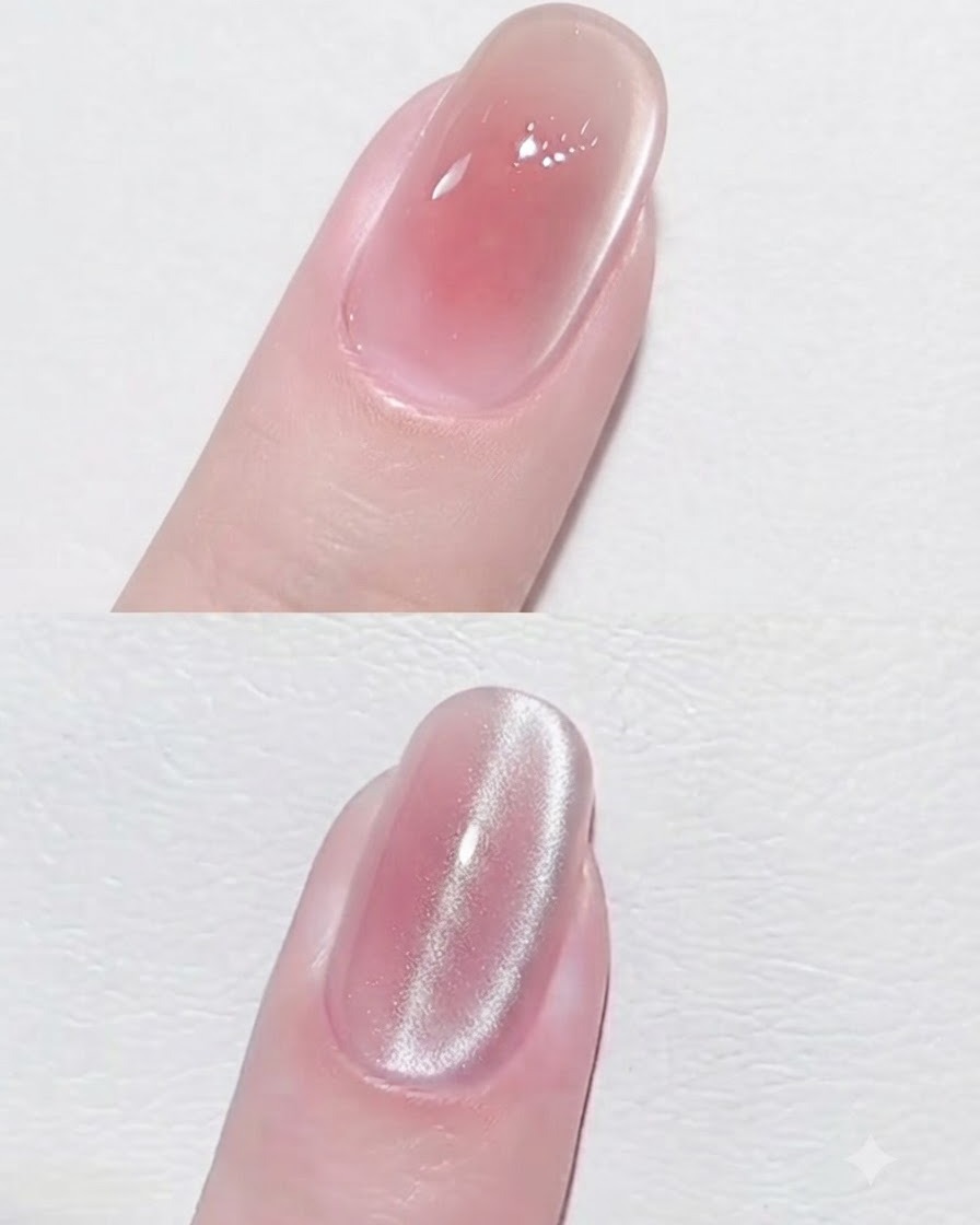 Ein rosa Blush-Nagel mit einem hellen, dimensionalen silbernen Cat Eye Streifen, der in seiner Mitte verläuft.