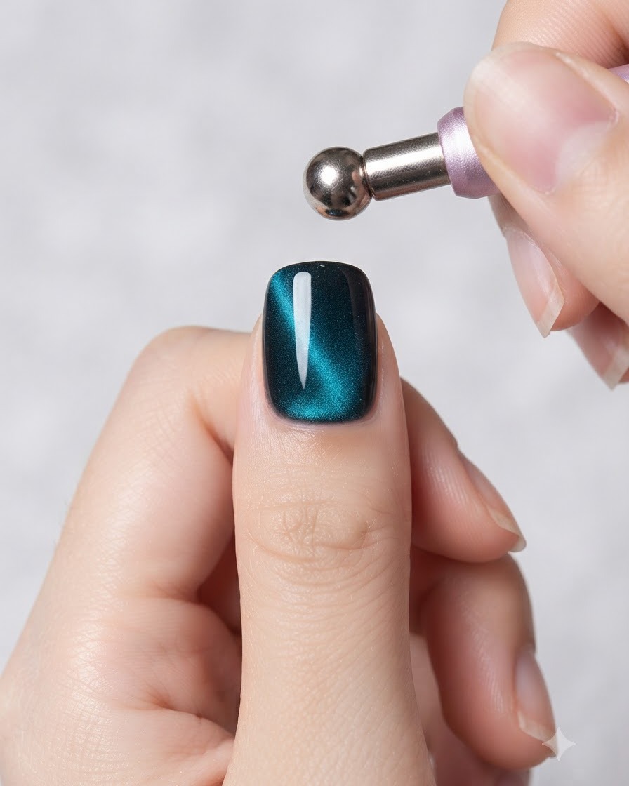 Narzędzie magnetyczne z metalową, sferyczną końcówką zawieszone nad morskim paznokciem cat-eye, formujące magnetyczne drobinki.