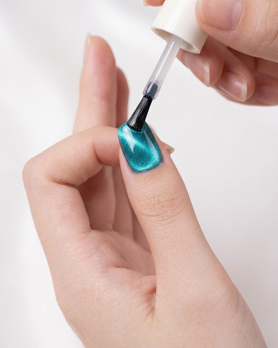 Pędzelek nakładający błyszczący, bezbarwny top coat na mieniący się, turkusowy paznokieć galaxy cat-eye.