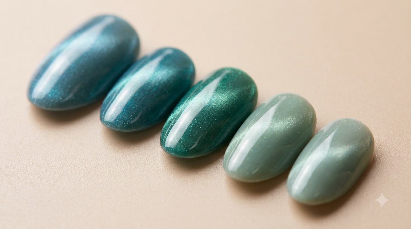 Nail-art gel w odcieniach niebiesko-zielonych i z efektem cat-eye — Samouczek krok po kroku