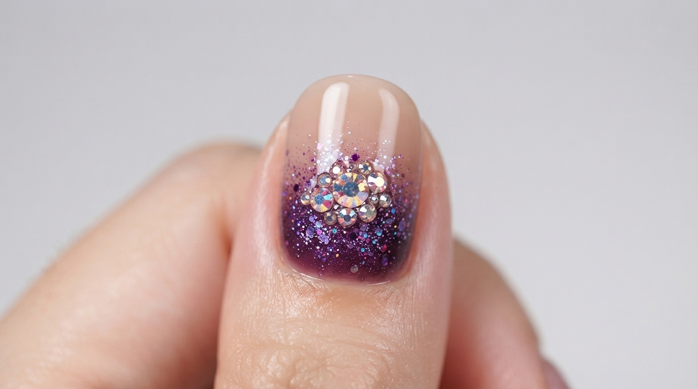 Fioletowy gradient z błyszczącymi kryształkami Aurora — Zimowy tutorial paznokci żelowych
