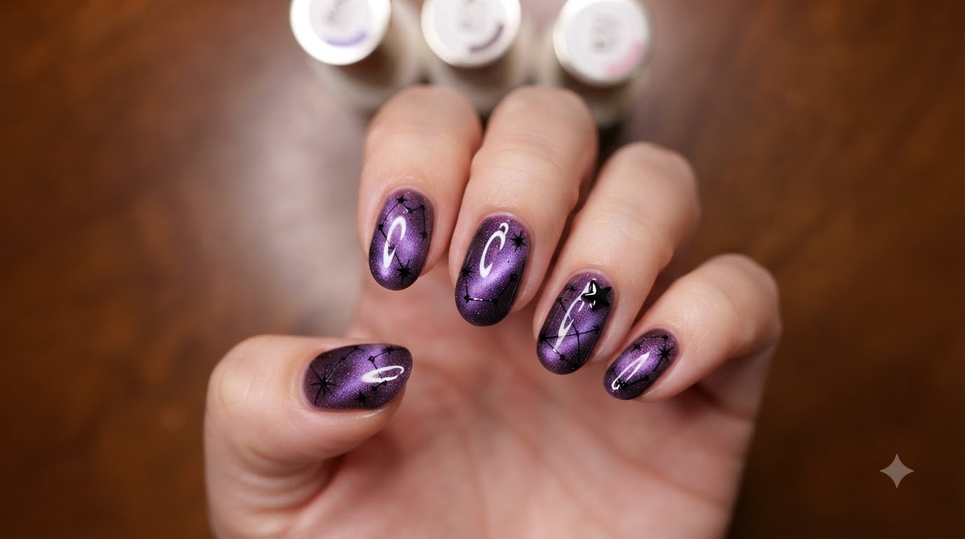 Fioletowe gwieździste paznokcie hybrydowe z efektami cat eye i księżycem — tutorial krok po kroku