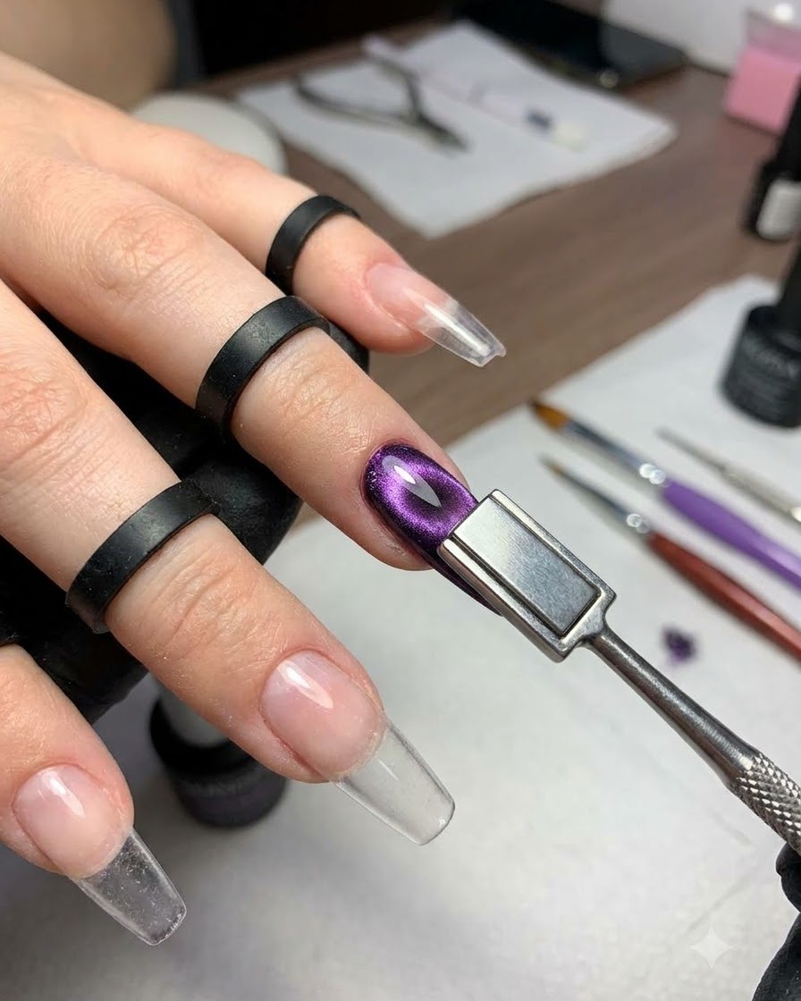 Metalowe narzędzie z magnesem trzymane blisko fioletowego paznokcia cat-eye w celu utworzenia lśniącego odbicia w paski.
