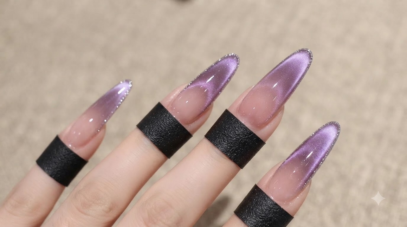 Fioletowe paznokcie cat-eye z gradientem i efektowną wróżkową poświatą — tutorial krok po kroku