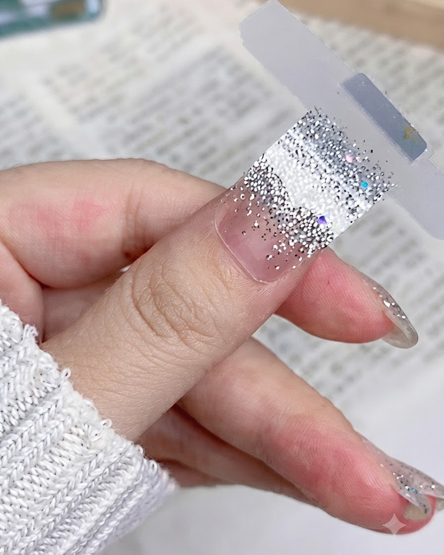Zbliżenie na srebrną, brokatową naklejkę umieszczoną płasko i gładko na naturalnym paznokciu kciuka.