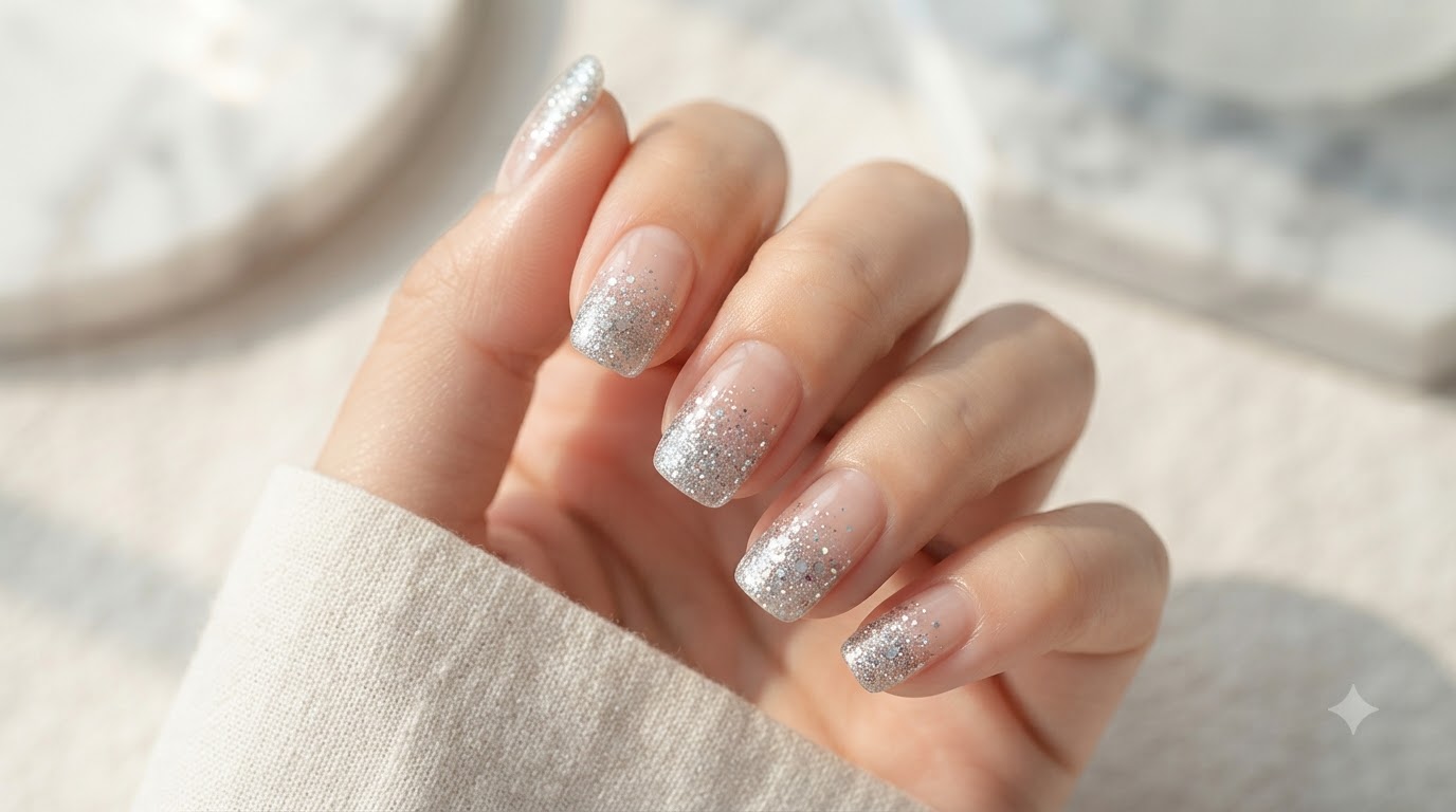 Srebrne brokatowe naklejki na paznokcie — szybki i błyszczący manicure ombre