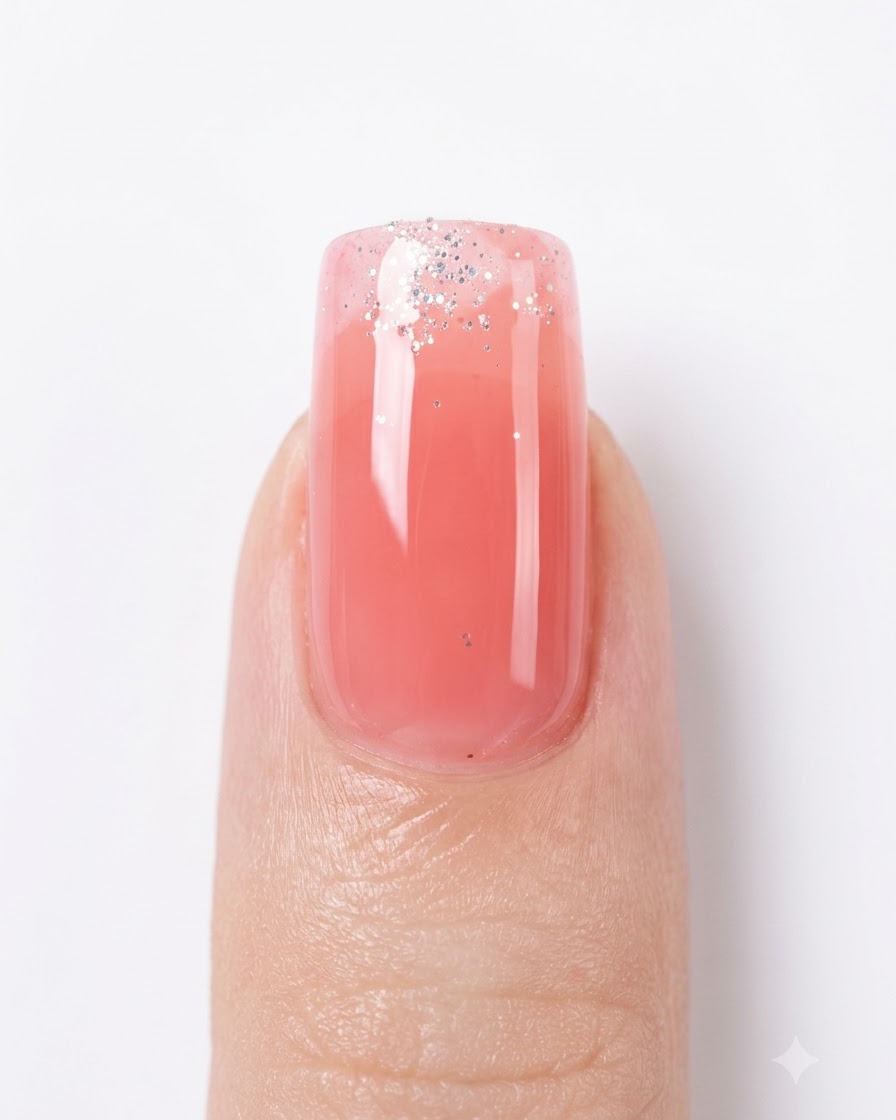 Cienki pędzelek do nail artu zanurzający się w pojemniczku ze srebrnym żelem brokatowym.