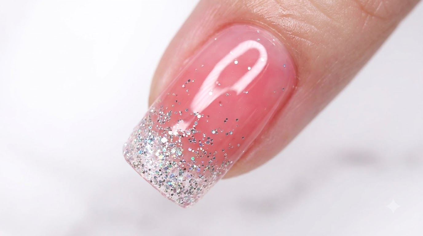 Srebrny gradient z brok Błyszczący manicure hybrydowy krok po kroku