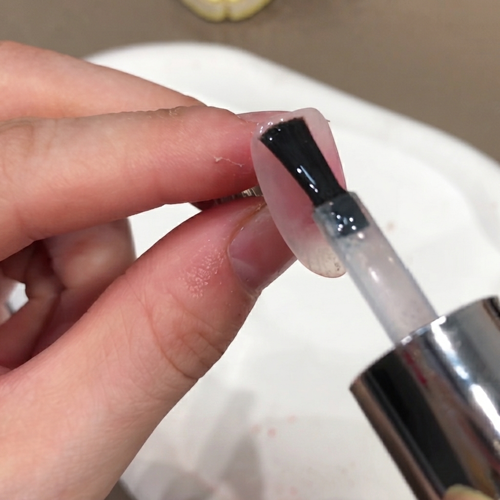 Ein Nagellackpinsel trägt einen klaren Non-Wipe Top Coat auf die Oberfläche eines manikürten Nagels auf.