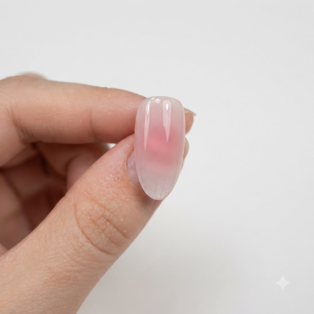 Eine Nahaufnahme eines nudefarbenen Nagels mit einem dezenten Rosa-Verlaufseffekt unter glänzendem Top Coat.