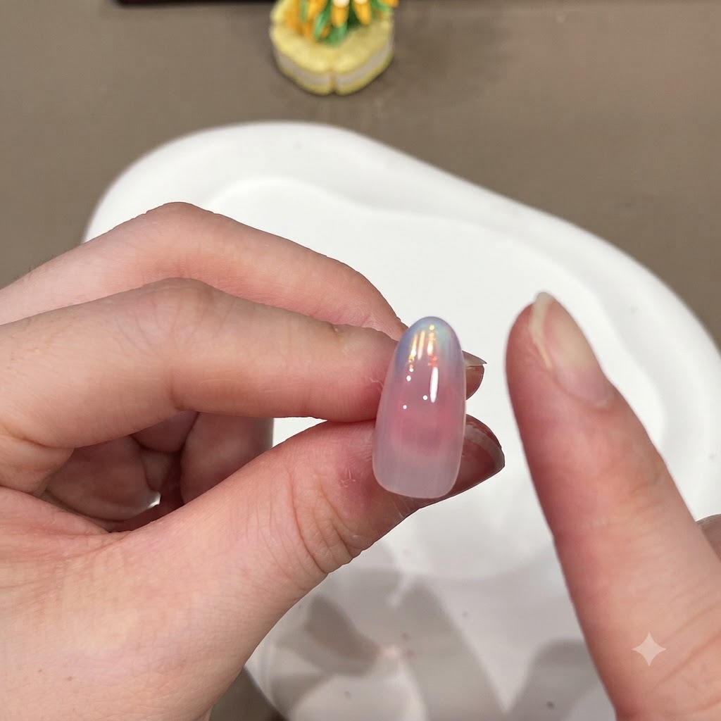 Ein Finger wischt überschüssiges Aurora-Puder von den Rändern eines glänzenden Gradienten-Nagels ab.