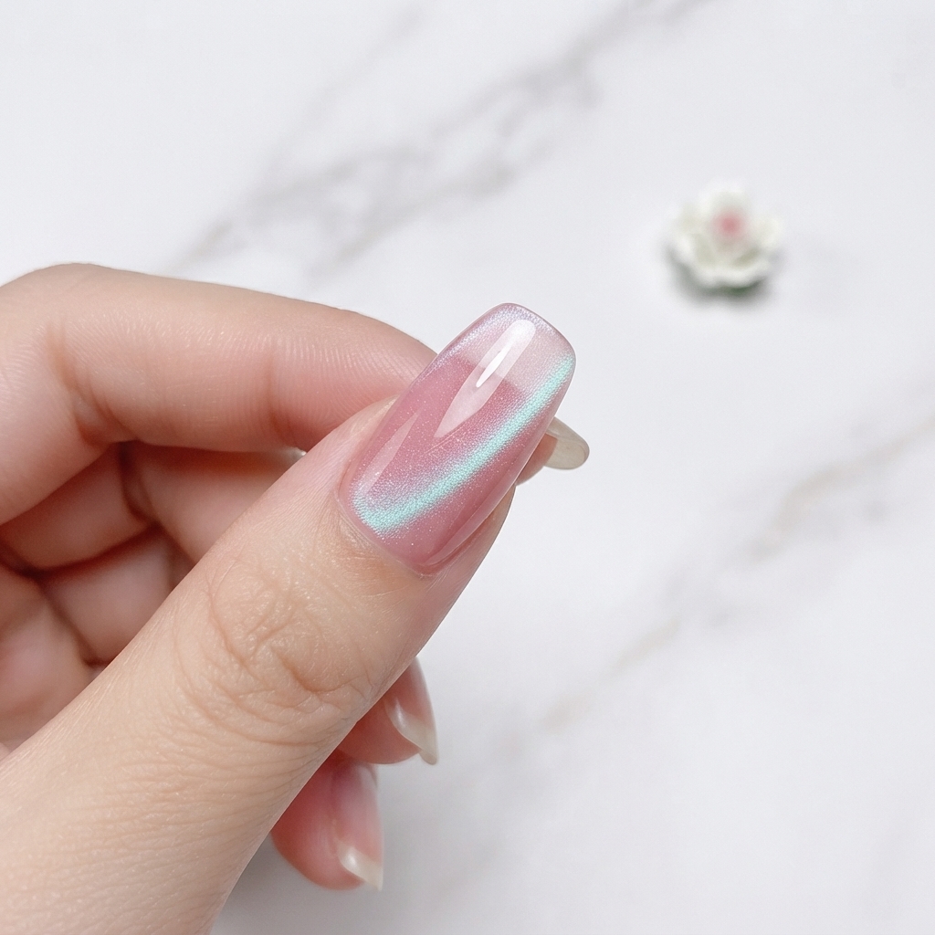 Eine Nahaufnahme eines manikürten Fingers mit einem klaren Glas Cat-Eye-Gel, das über der Basis aufgetragen wurde.