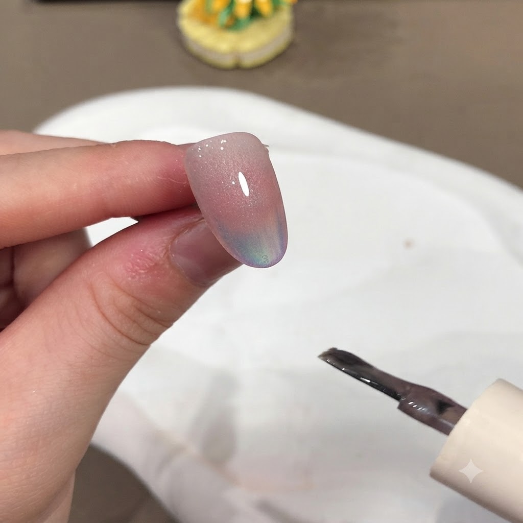 Ein Pinsel und ein Magnet in der Nähe eines manikürten Nagels zur Formung des Cat-Eye-Lichteffekts.