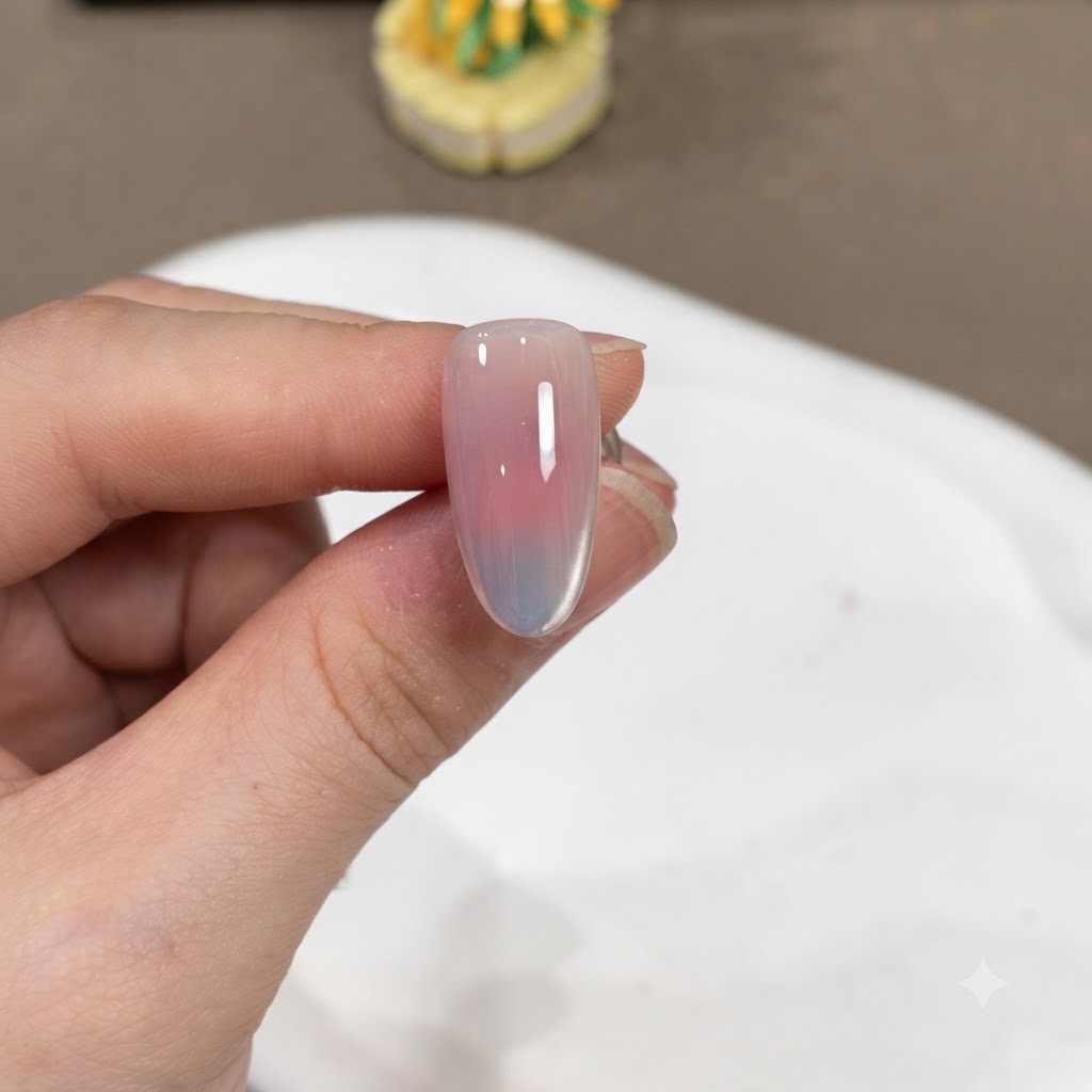 Ein fertiger manikürzter Nagel mit einer glänzenden Top-Coat-Schicht, bereit für die Endaushärtung.