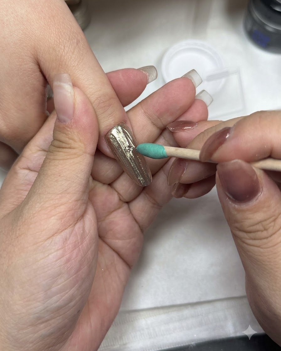 Pędzelek do manicure nakładający top coat na wykończoną chromem powierzchnię paznokcia.