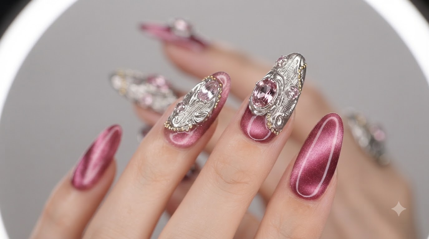 Zbliżenie makro gotowego manicure w stylu różowego cat eye i metalicznej tekstury Buccellati zdobionego cyrkoniami i złotymi koralikami.