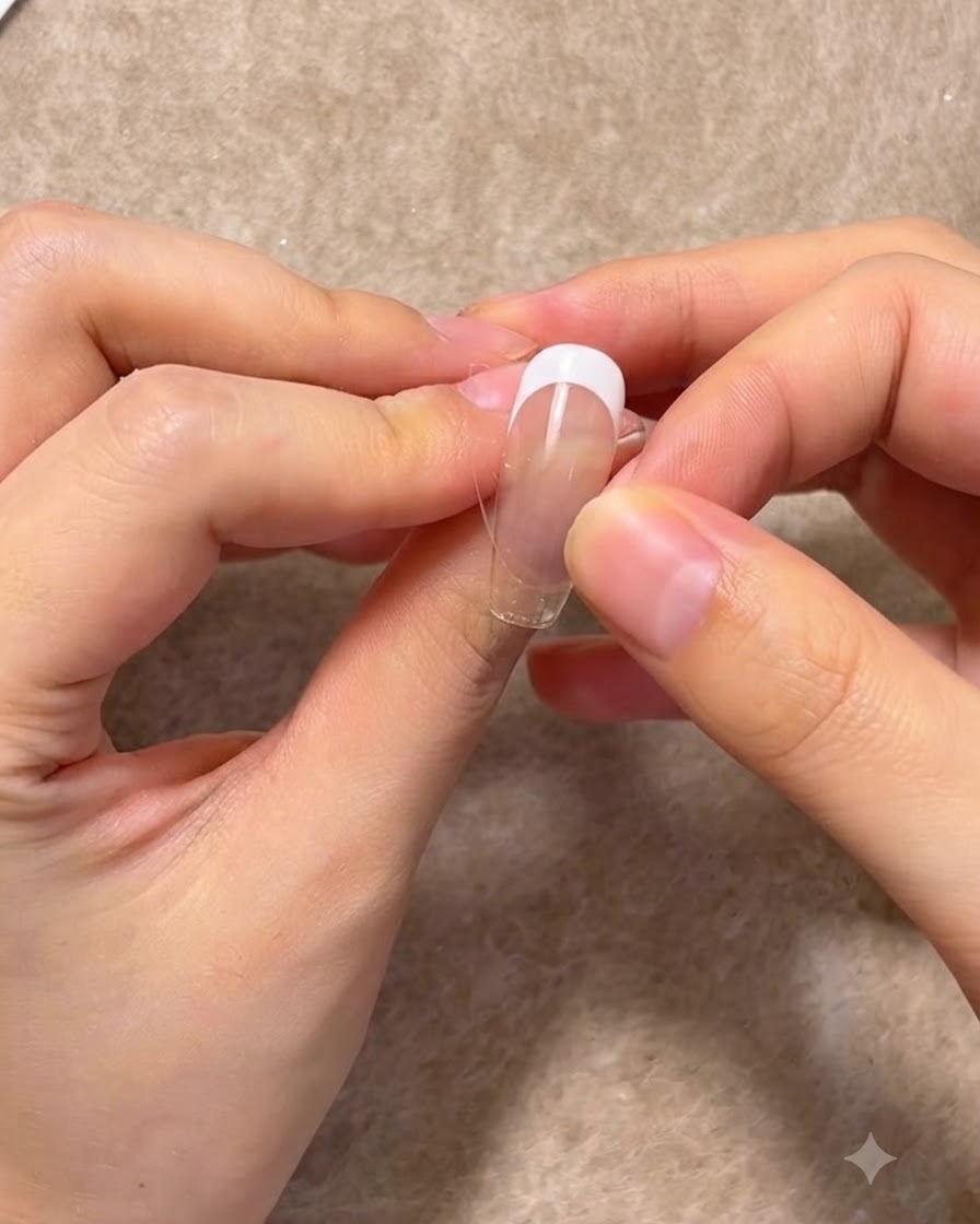 Palce umieszczające naklejkę szablonową do manicure francuskiego na czystej powierzchni przedłużenia paznokcia.