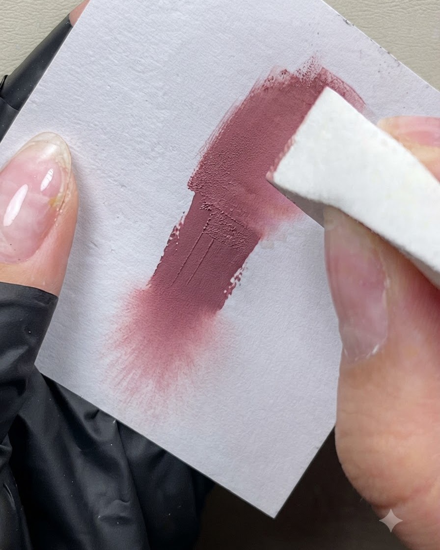 Blok gąbkowy wklepujący brzoskwiniowo-różowy żel na kartkę papieru, ukazując gładką, teksturowaną próbkę.