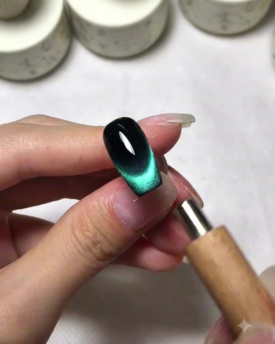 Magnes rozpraszający pigment cat eye, tworząc efekt gradientowego frencha na ciemnym paznokciu.