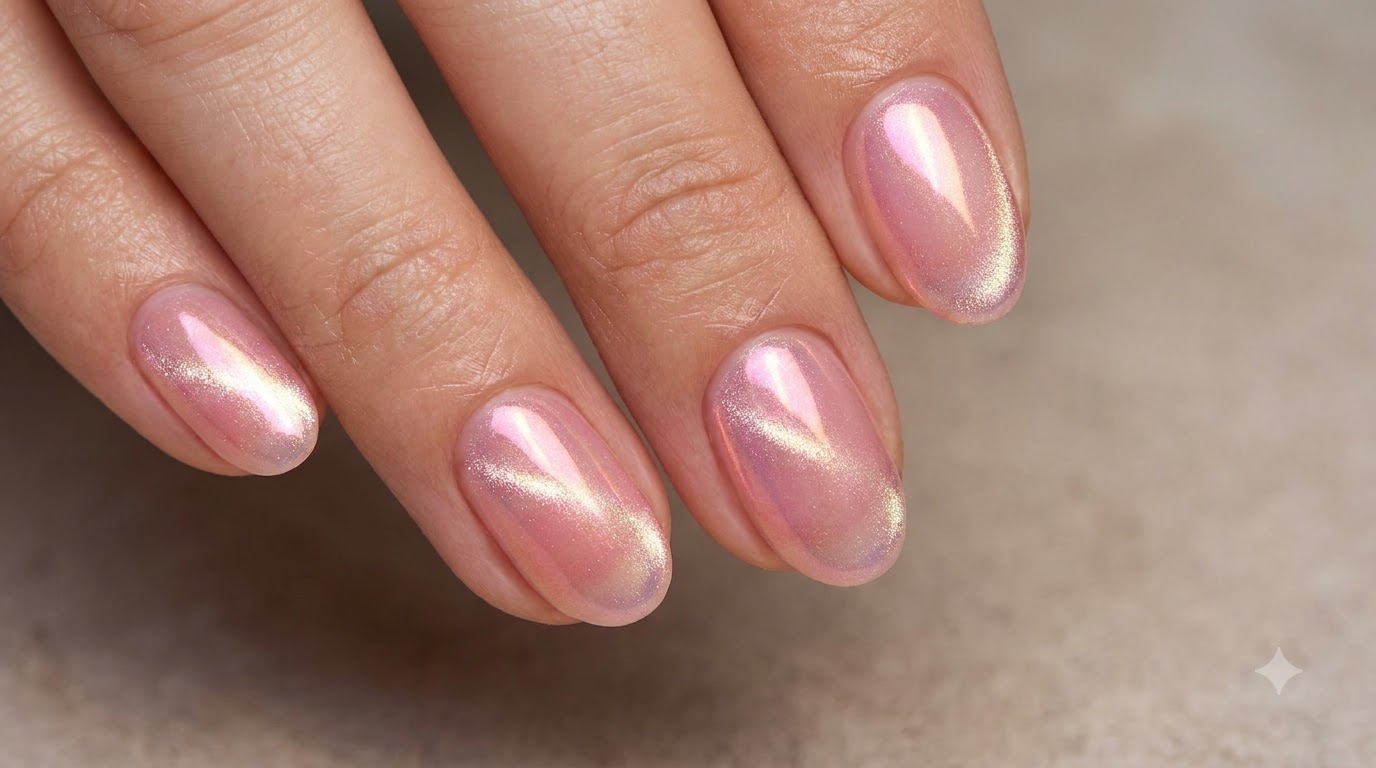 Żelowy Manicure Cat-Eye 'Half-Aurora Blush' na Krótkie Paznokcie