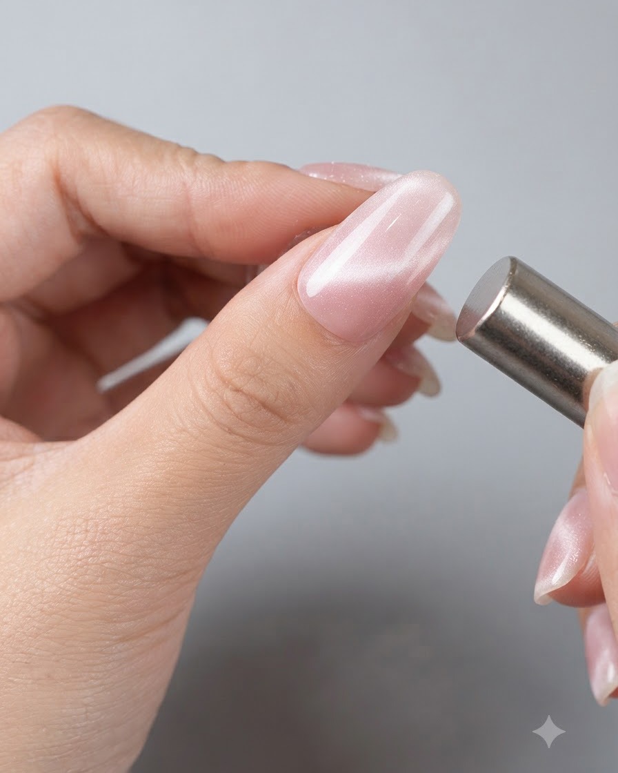 Ein zylindrischer Magnetstab wird nah an einen glänzenden rosa Cat-Eye-Nagel gehalten, um die magnetischen Partikel zu verschieben.