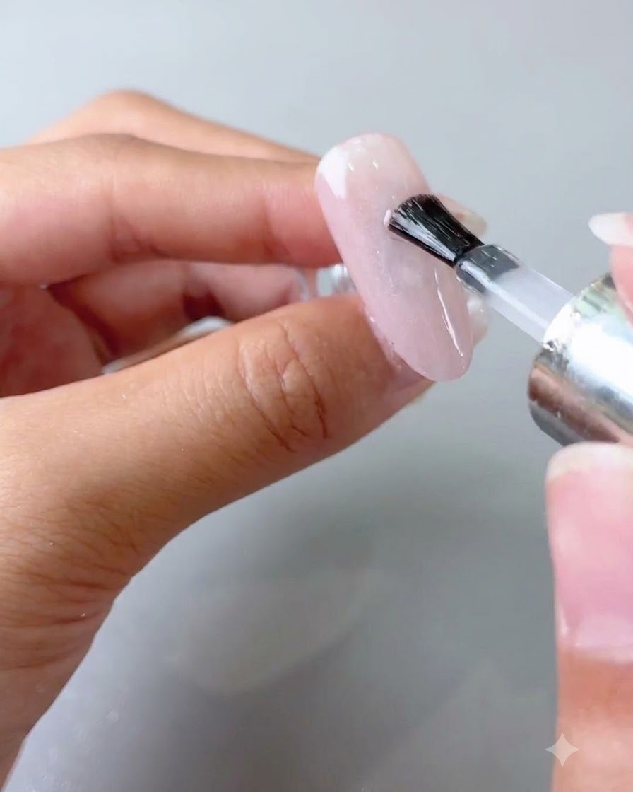 Ein Pinsel trägt eine Schicht klaren Top Coats auf die Oberfläche eines manikürten Nagels auf.
