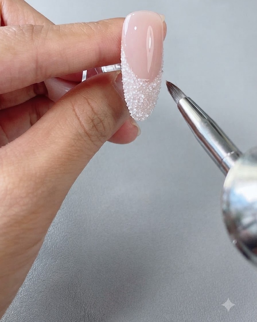 Ein kleiner Nagelpinsel fegt vorsichtig überschüssiges weißes Dip-Powder von der French-Spitze eines langen Mandel-Nagels abcite: 1.
