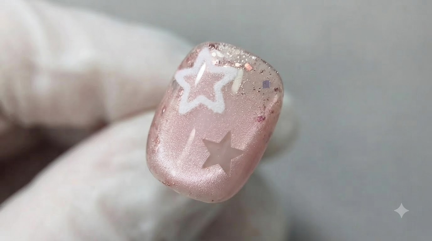 Błyszczący manicure z pędzelkiem i gwiazdkami w stylu hollow star