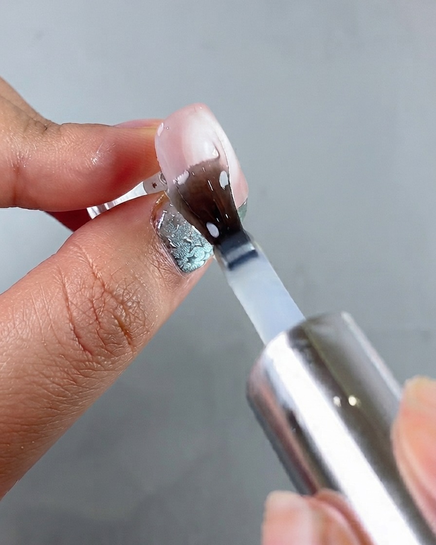 Pędzelek nakładający bezbarwny top coat zabezpieczający na utwardzony paznokieć cat eye.